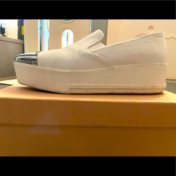 MIU MIU WHITE leather metal cap toe platform slip on sneakers SIZE 38.5 - Picture 3 of 6